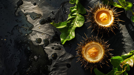 Delicious fresh sea urchins on a black table with greens. View from above. Copy space. Exquisite cuisine. Generative AI.の素材