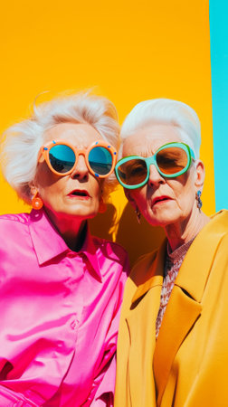 Two stylish older women dressed in bright street funky clothes, modern sunglasses on a bright pastel wall. Generative AI.の素材
