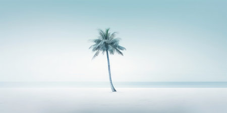One lonely palm tree on a white beach. Calm sae with mist. Tranquil seashore landcsape. Generative AI.の素材