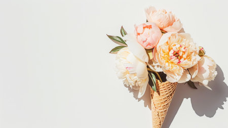 Aesthetic pink peony flowers in the waffle cone against light backdrop, strong shadows, copy space. Generative AI.の素材
