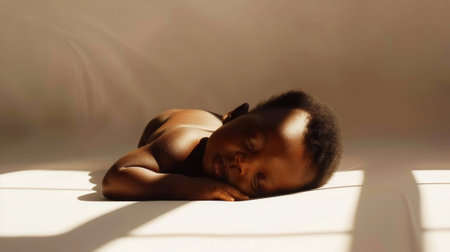 Aesthetic portrait of African American newborn baby smiling while sleeping. Light colors, sunlight. Generative AI.の素材