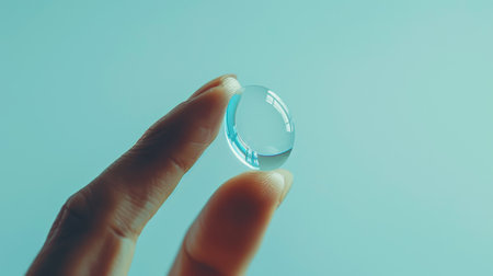 Close-up of contact lenses on a finger on a light clean background. Ophthalmology and vision concept. Generative AI.の素材