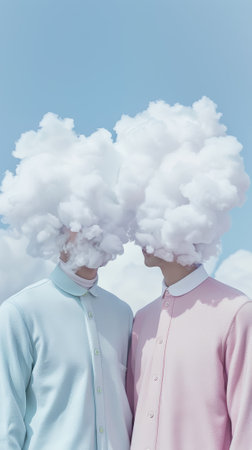 Young couple kisses with white cloud on their head and face on light sky background. Fashion blog concept. Generative AI.の素材