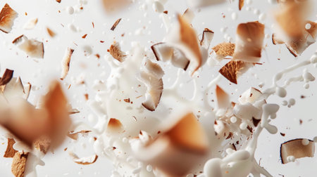 Splash of floating pieces of broken coconut. Coconut in motion. Light aesthetic background. Food concept. Generative AI.の素材