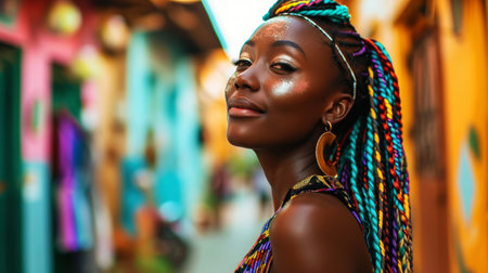 Energetic cool African woman with colorful dreadlocks dancing on the street. Generative AI.の素材