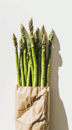 Fresh green asparagus in a paper bag on a white background. Healthy organic food concept. Generative AI.の素材