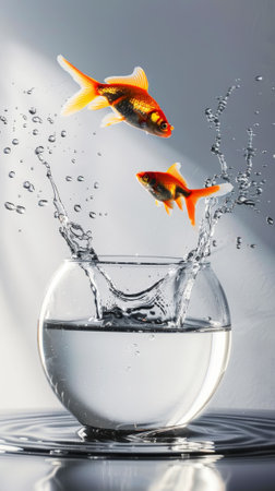 Goldfish jumps out of round aquarium, white background with sun rays. Getting out of the comfort zone. Generative AI.の素材