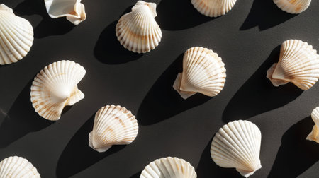 Aesthetic top view of white seashells on dark background. Sun rays, minimalist sea concept. Generative AI.の素材
