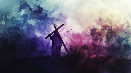 Easter crucifixion scene with silhouettes of the cross of Jesus Christ. Watercolor. Dark colors. Generative AI.の素材