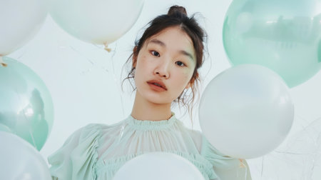 Young stylish Asian woman model with pastel balloons on aesthetic light background. Fashion blog concept. Generative AI.の素材