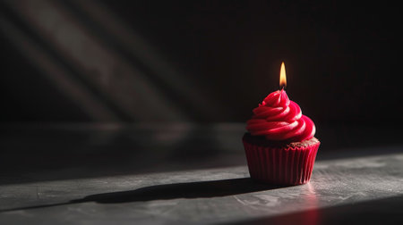 Aesthetic red cupcake with candle, dark background, copy space. Celebration anniversary concept. Generative AI.の素材