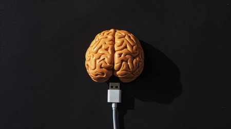 Top view of human brain model with USB cable, on black background. Turn on your brain. Creative ideas. Generative AI.の素材