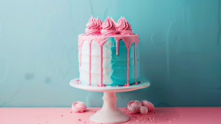 Aesthetic cake for baby shower party on split pink and blue background. Gender reveal invitation template. Generative AI.の素材