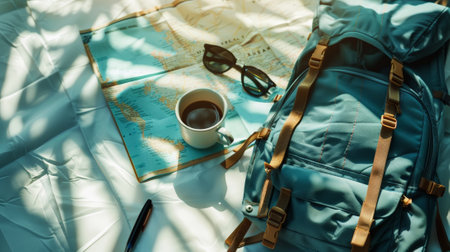 Backpack, sunglasses, map on light aesthetic background. Vacation trip planning concept. Travel template. Generative AI.の素材