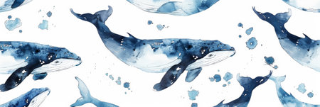 Aesthetic hand painted watercolor pattern in marine style with whales on white background, ocean concept. Generative AI.の素材