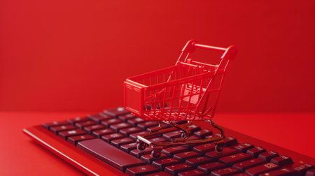 Online shopping concept, small shopping cart stands on keyboard, red clear background, digital e-commerce. Generative AI.の素材