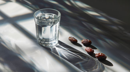 Aesthetic dark background with glass of water and dry dates. Iftar time. Muslims and Ramadan concept. Generative AI.の素材