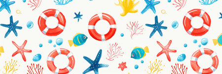 Watercolor colorful aesthetic background with seashells and starfish. Summertime concept. Generative AI.の素材