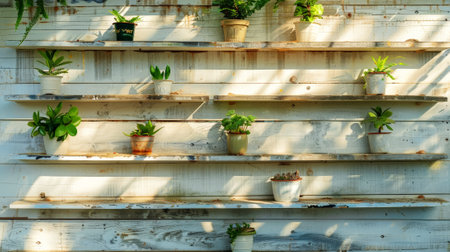 Old wooden shelves painted white with pots of green plants. Gardening concept for storage. Generative AI.の素材