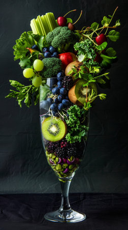 Various fruits and green vegetables in tall thin glass cup. Healthy vegan smoothie concept. Dark backdrop. Generative AI.の素材