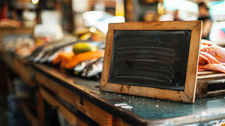 Counter on farmer's market with variety of fresh fish, empty chalkboard for description. Copy space. Generative AI.の素材