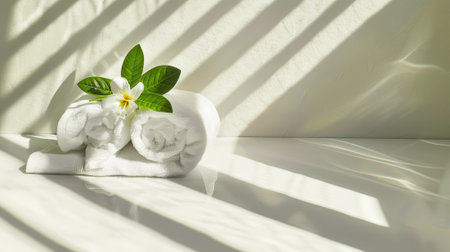 White towels rolled up with green leaf and flower, aesthetic light background. Hotel hospitality concept. Generative AI.の素材