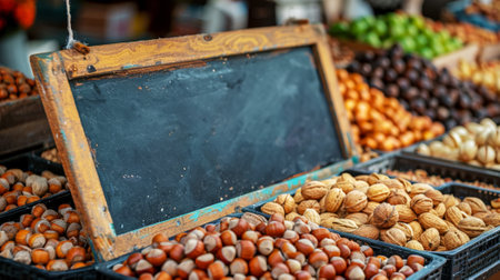 Counter on farmer's market with variety of nuts, empty chalkboard for description. Copy space. Generative AI.の素材