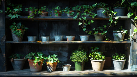 Old wooden shelves painted black with pots of green plants. Gardening concept for storage. Generative AI.の素材
