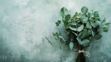 Aesthetic minimalist bouquet with eucalyptus leaves. Invitation floral template. Pastel green background. Generative AI.の素材