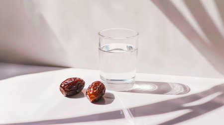 Aesthetic light background with glass of water and dry dates. Iftar time. Muslims and Ramadan concept. Generative AI.の素材