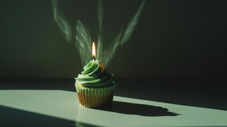 Aesthetic green cupcake with candle, dark background, copy space. Celebration anniversary concept. Generative AI.の素材