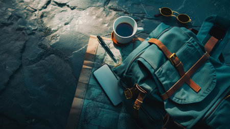 Backpack, sunglasses, map on dark aesthetic background. Vacation trip planning concept. Travel template. Generative AI.の素材