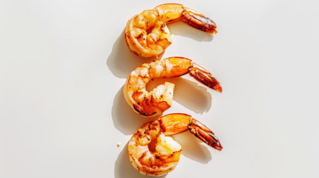 Top view of fried shrimps on a clean light background. Copy space, aesthetic restaurant template. Generative AI.の素材