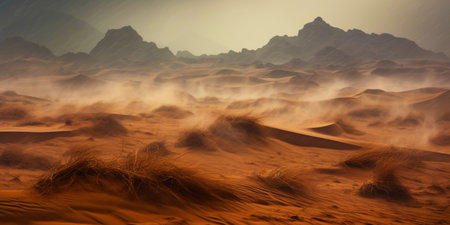 Sandstorm in desert. wind and orange sand clouds. Dunes landscape. Generative AI.の素材
