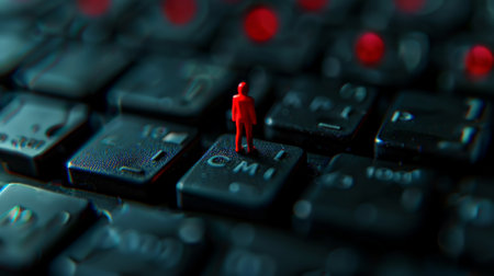 Online shopping concept, small red figure of a man standing on a keyboard making a choice, digital e-commerce. Generative AI.の素材