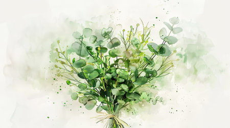 Aesthetic watercolor minimalist bouquet with eucalyptus leaves. Invitation floral template. Generative AI.の素材
