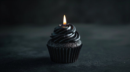 Aesthetic black cupcake with candle, dark background, copy space. Celebration anniversary concept. Generative AI.の素材