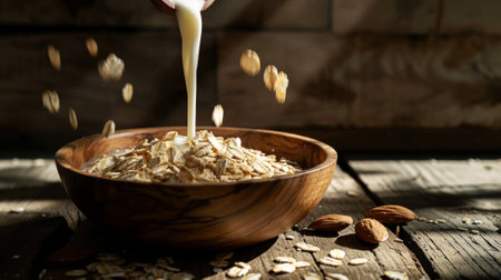 Milk is poured into oatmeal in a wooden bowl. Aesthetic rustic breakfast concept. Green eco tourism. Generative AI.の素材