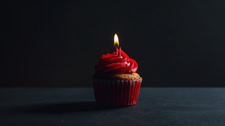 Aesthetic red cupcake with candle, dark background, copy space. Celebration anniversary concept. Generative AI.の素材