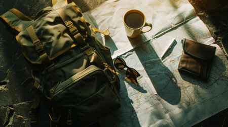 Backpack, sunglasses, map on dark aesthetic background. Vacation trip planning concept. Travel template. Generative AI.の素材