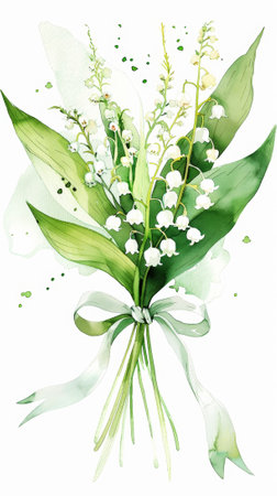 Aesthetic watercolor flowers lily of the valley bouquet tied with ribbon, wedding concept. Invitation. Generative AI.の素材