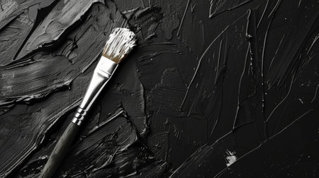 Creative banner with white rough stroke and brush, copy space, black textured background, minimalism. Generative AI.の素材