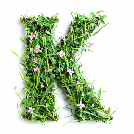 Green organic grass with tiny flowers made letter K on white clean background. Environment concept. Generative AI.の素材