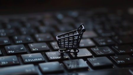 Online shopping concept, small shopping cart stands on keyboard, dark background, digital e-commerce. Generative AI.の素材