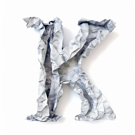 Letter K from crumpled newspaper on a clean white background. Fashion scrapbook lettering concept. Generative AI.の素材