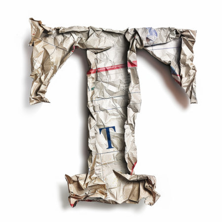 Letter T from crumpled newspaper on a clean white background. Fashion scrapbook lettering concept. Generative AI.の素材