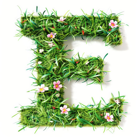 Green organic grass with tiny flowers made letter E on white clean background. Environment concept. Generative AI.の素材