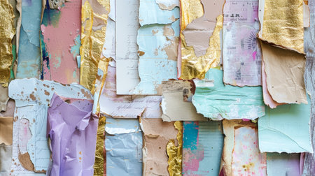 Fashionable background with a collage of torn paper from magazines, variety of patterns. Pastel colors. Generative AI.の素材