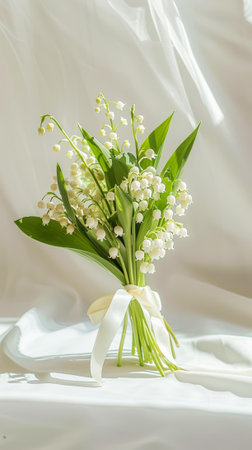 Aesthetic lily of the valley bouquet tied with ribbon, light background, wedding concept invitation. Generative AI.の素材