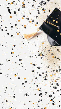 Elegant aesthetic invitation mockup for graduation with academic cap. Light background with confetti. Generative AI.の素材